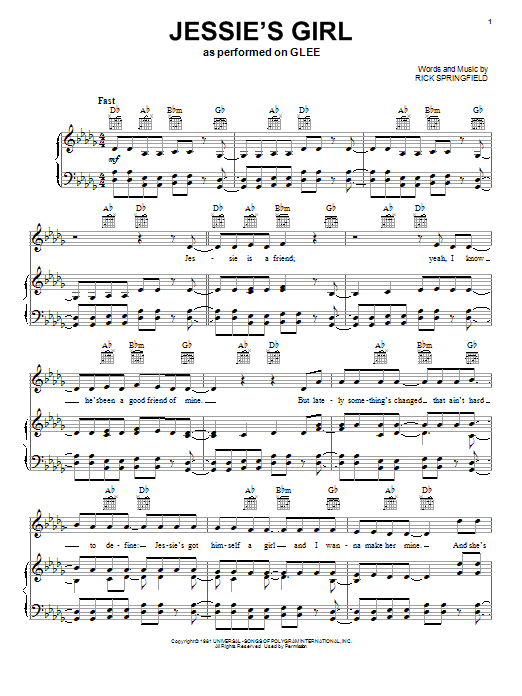 Learn to play Glee Cast Jessie's Girl sheet music for Piano, Vocal & Guitar Chords in minutes. Price: 7.8900$ Glee Cast Jessie's Girl sheet music notes and chords arranged for Piano, Vocal & Guitar Chords