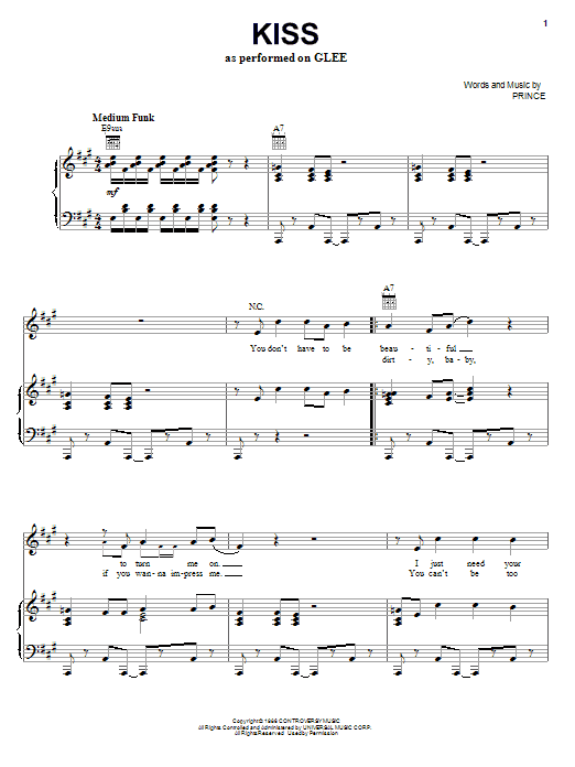 Learn to play Glee Cast Kiss sheet music for Piano, Vocal & Guitar Chords (Right-Hand Melody) in minutes. Price: 7.8900$ Glee Cast Kiss sheet music notes and chords arranged for Piano, Vocal & Guitar Chords (Right-Hand Melody)