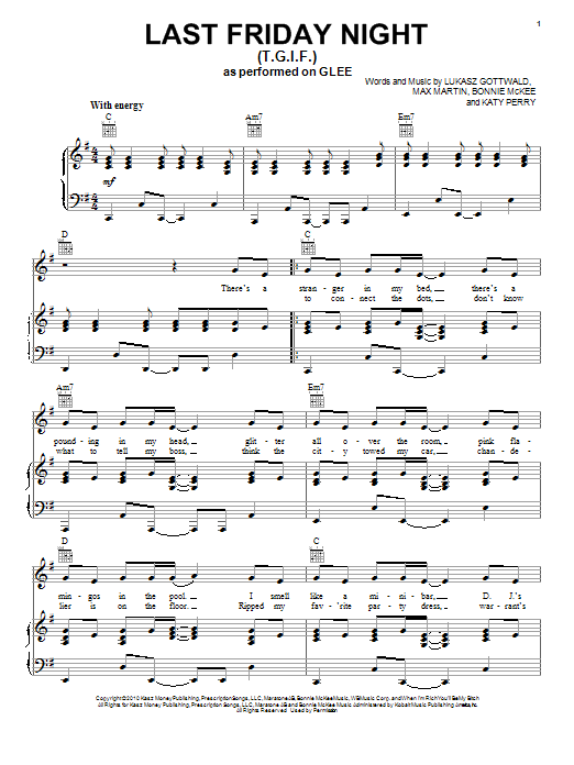 Learn to play Glee Cast Last Friday Night (T.G.I.F.) sheet music for Easy Piano in minutes. Price: 6.9900$ Glee Cast Last Friday Night (T.G.I.F.) sheet music notes and chords arranged for Easy Piano