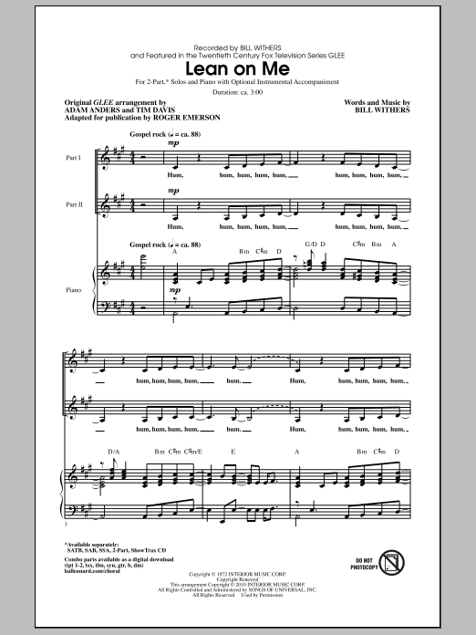 Roger Emerson Lean On Me sheet music notes and chords. Download Printable PDF.