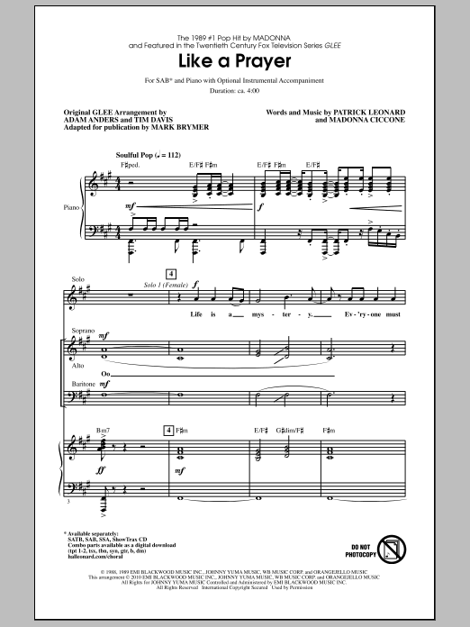 Learn to play Mark Brymer Like A Prayer sheet music for SAB Choir in minutes. Price: 4.7900$ Mark Brymer Like A Prayer sheet music notes and chords arranged for SAB Choir