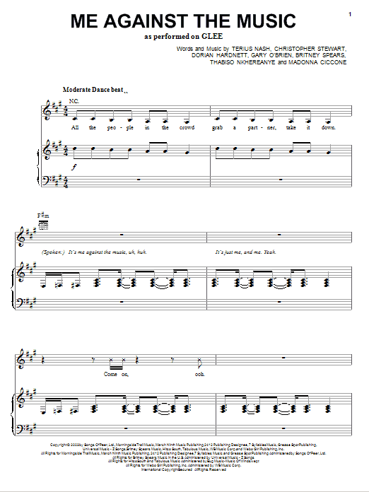 Glee Cast Me Against The Music sheet music notes and chords arranged for Piano, Vocal & Guitar Chords (Right-Hand Melody)