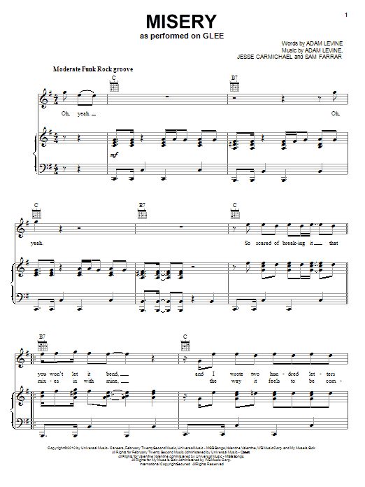 Learn to play Glee Cast Misery sheet music for Piano, Vocal & Guitar Chords (Right-Hand Melody) in minutes. Price: 7.8900$ Glee Cast Misery sheet music notes and chords arranged for Piano, Vocal & Guitar Chords (Right-Hand Melody)