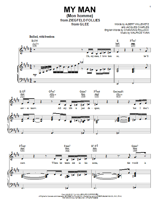 Glee Cast My Man (Mon Homme) sheet music notes and chords. Download Printable PDF.