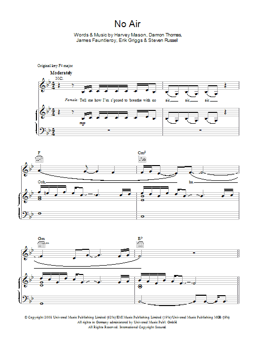 Learn to play Glee Cast No Air sheet music for Piano, Vocal & Guitar Chords in minutes. Price: 7.8900$ Glee Cast No Air sheet music notes and chords arranged for Piano, Vocal & Guitar Chords