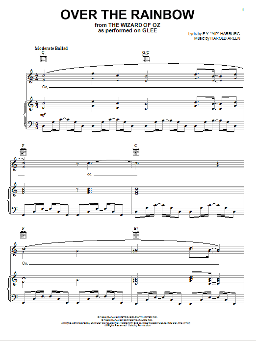 Glee Cast Over The Rainbow sheet music notes and chords arranged for Piano, Vocal & Guitar Chords