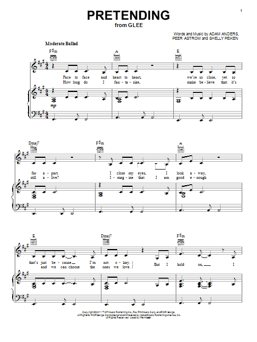 Learn to play Glee Cast Pretending sheet music for Piano, Vocal & Guitar Chords (Right-Hand Melody) in minutes. Price: 7.8900$ Glee Cast Pretending sheet music notes and chords arranged for Piano, Vocal & Guitar Chords (Right-Hand Melody)
