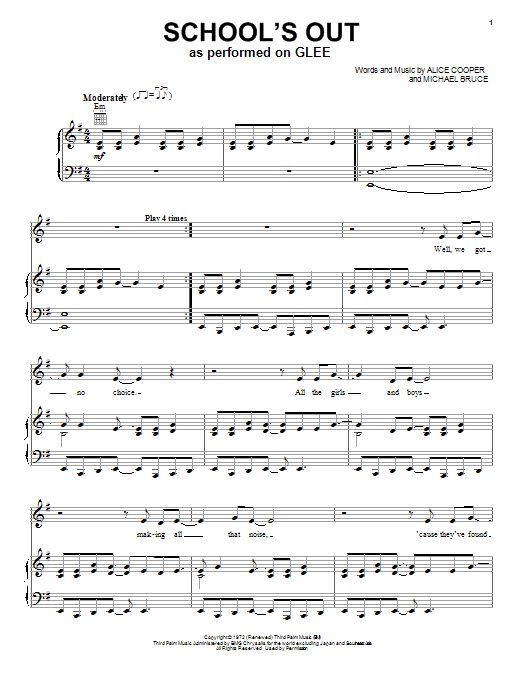 Learn to play Glee Cast School's Out sheet music for Piano, Vocal & Guitar Chords (Right-Hand Melody) in minutes. Price: 7.8900$ Glee Cast School's Out sheet music notes and chords arranged for Piano, Vocal & Guitar Chords (Right-Hand Melody)