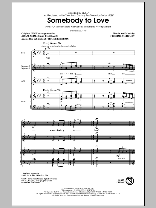 Glee Cast Somebody To Love (arr. Roger Emerson) sheet music notes and chords. Download Printable PDF.