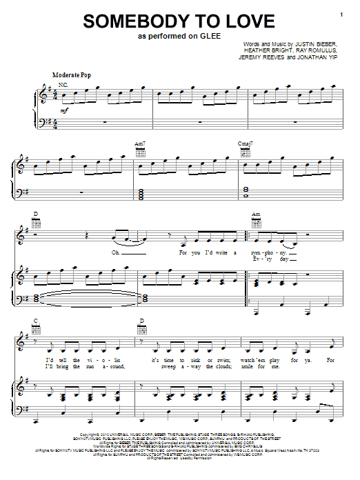 Learn to play Glee Cast Somebody To Love sheet music for Piano, Vocal & Guitar Chords (Right-Hand Melody) in minutes. Price: 7.8900$ Glee Cast Somebody To Love sheet music notes and chords arranged for Piano, Vocal & Guitar Chords (Right-Hand Melody)