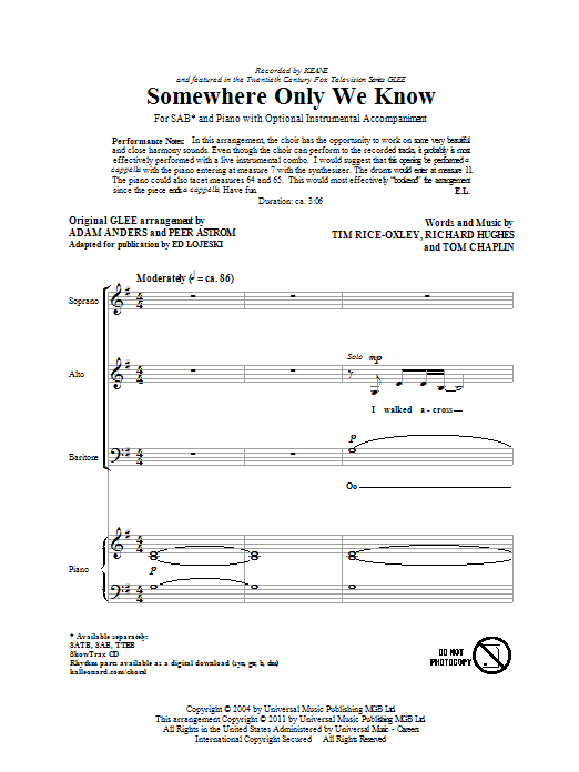 Glee Cast Somewhere Only We Know (arr. Ed Lojeski) sheet music notes and chords. Download Printable PDF.