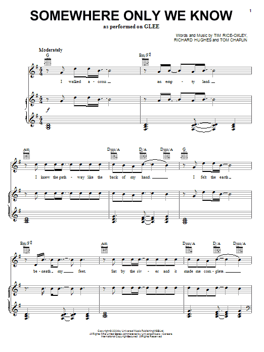 Glee Cast Somewhere Only We Know sheet music notes and chords. Download Printable PDF.