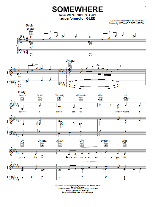 Learn to play Glee Cast Somewhere sheet music for Piano, Vocal & Guitar Chords (Right-Hand Melody) in minutes. Price: 7.8900$ Glee Cast Somewhere sheet music notes and chords arranged for Piano, Vocal & Guitar Chords (Right-Hand Melody)