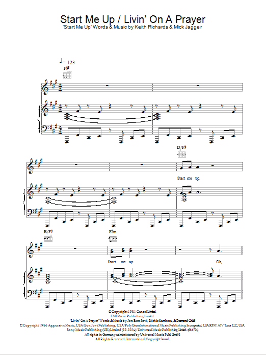 Learn to play Glee Cast Start Me Up/ Livin' On A Prayer sheet music for Piano, Vocal & Guitar Chords in minutes. Price: 7.8900$ Glee Cast Start Me Up/ Livin' On A Prayer sheet music notes and chords arranged for Piano, Vocal & Guitar Chords