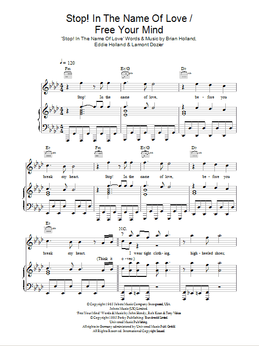 Glee Cast Stop! In The Name Of Love/ Free Your Mind sheet music notes and chords arranged for Piano, Vocal & Guitar Chords
