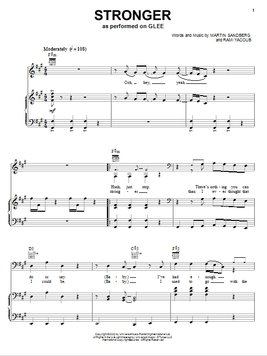 Glee Cast Stronger sheet music notes and chords arranged for Piano, Vocal & Guitar Chords (Right-Hand Melody)