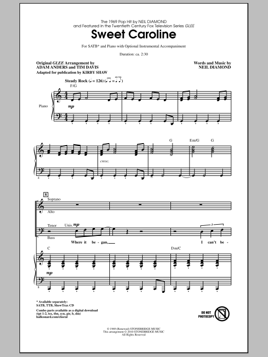 Learn to play Kirby Shaw Sweet Caroline sheet music for TTB Choir in minutes. Price: 3.9900$ Kirby Shaw Sweet Caroline sheet music notes and chords arranged for TTB Choir