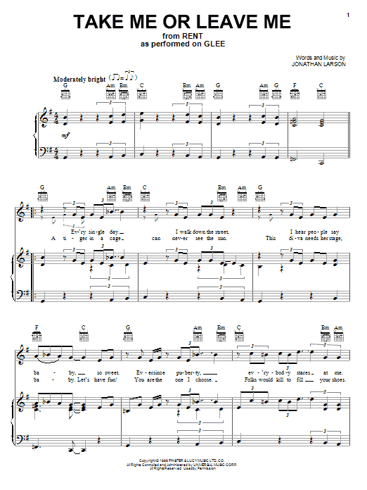 Learn to play Glee Cast Take Me Or Leave Me sheet music for Piano, Vocal & Guitar Chords (Right-Hand Melody) in minutes. Price: 7.8900$ Glee Cast Take Me Or Leave Me sheet music notes and chords arranged for Piano, Vocal & Guitar Chords (Right-Hand Melody)