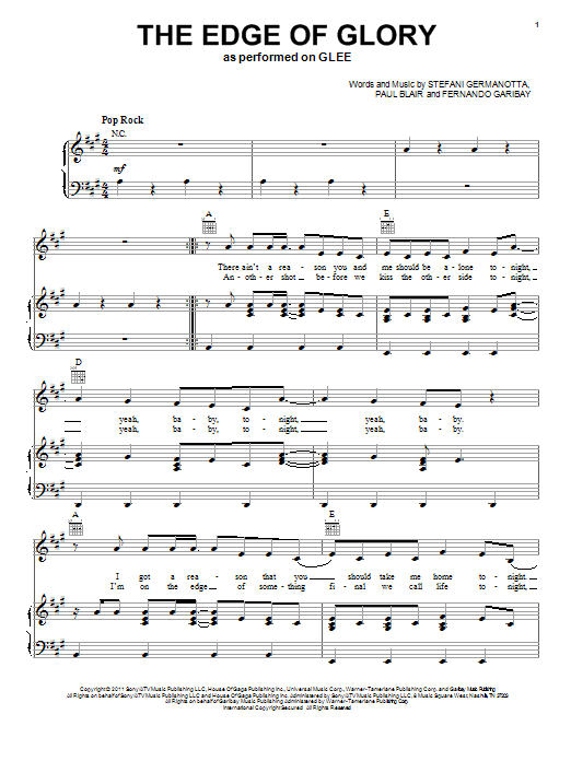 Learn to play Glee Cast The Edge Of Glory sheet music for Piano, Vocal & Guitar Chords (Right-Hand Melody) in minutes. Price: 7.8900$ Glee Cast The Edge Of Glory sheet music notes and chords arranged for Piano, Vocal & Guitar Chords (Right-Hand Melody)