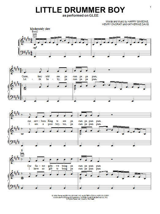 Learn to play Glee Cast The Little Drummer Boy sheet music for Piano, Vocal & Guitar Chords (Right-Hand Melody) in minutes. Price: 7.8900$ Glee Cast The Little Drummer Boy sheet music notes and chords arranged for Piano, Vocal & Guitar Chords (Right-Hand Melody)