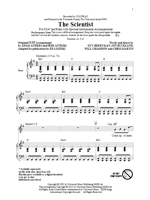 Coldplay The Scientist (arr. Ed Lojeski) sheet music notes and chords. Download Printable PDF.