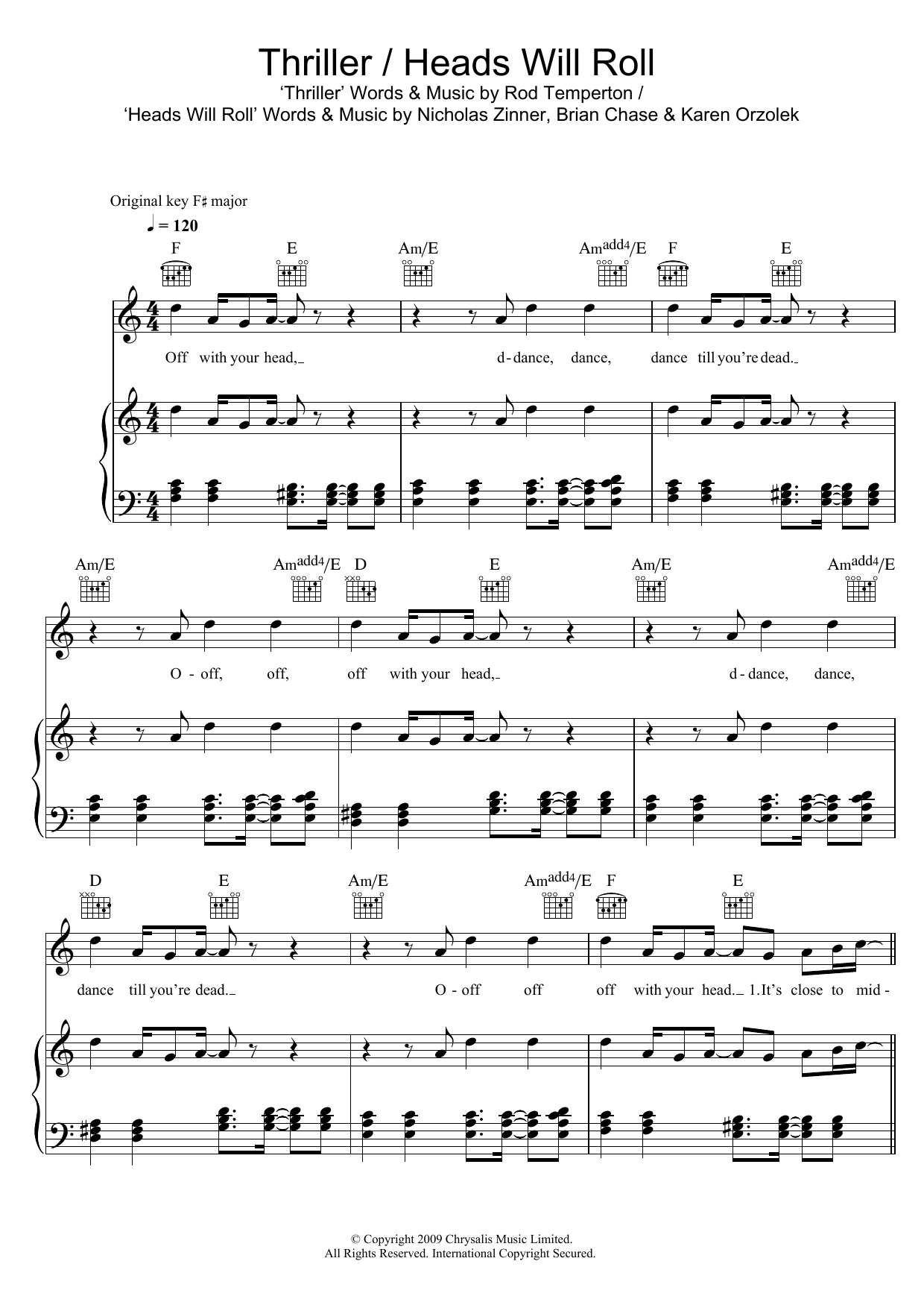 Glee Cast Thriller/Heads Will Roll sheet music notes and chords. Download Printable PDF.