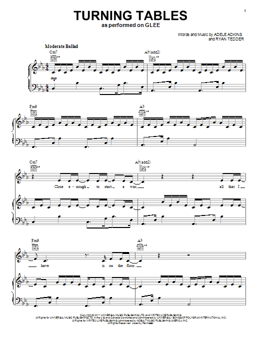 Learn to play Glee Cast Turning Tables sheet music for Piano, Vocal & Guitar Chords (Right-Hand Melody) in minutes. Price: 7.8900$ Glee Cast Turning Tables sheet music notes and chords arranged for Piano, Vocal & Guitar Chords (Right-Hand Melody)