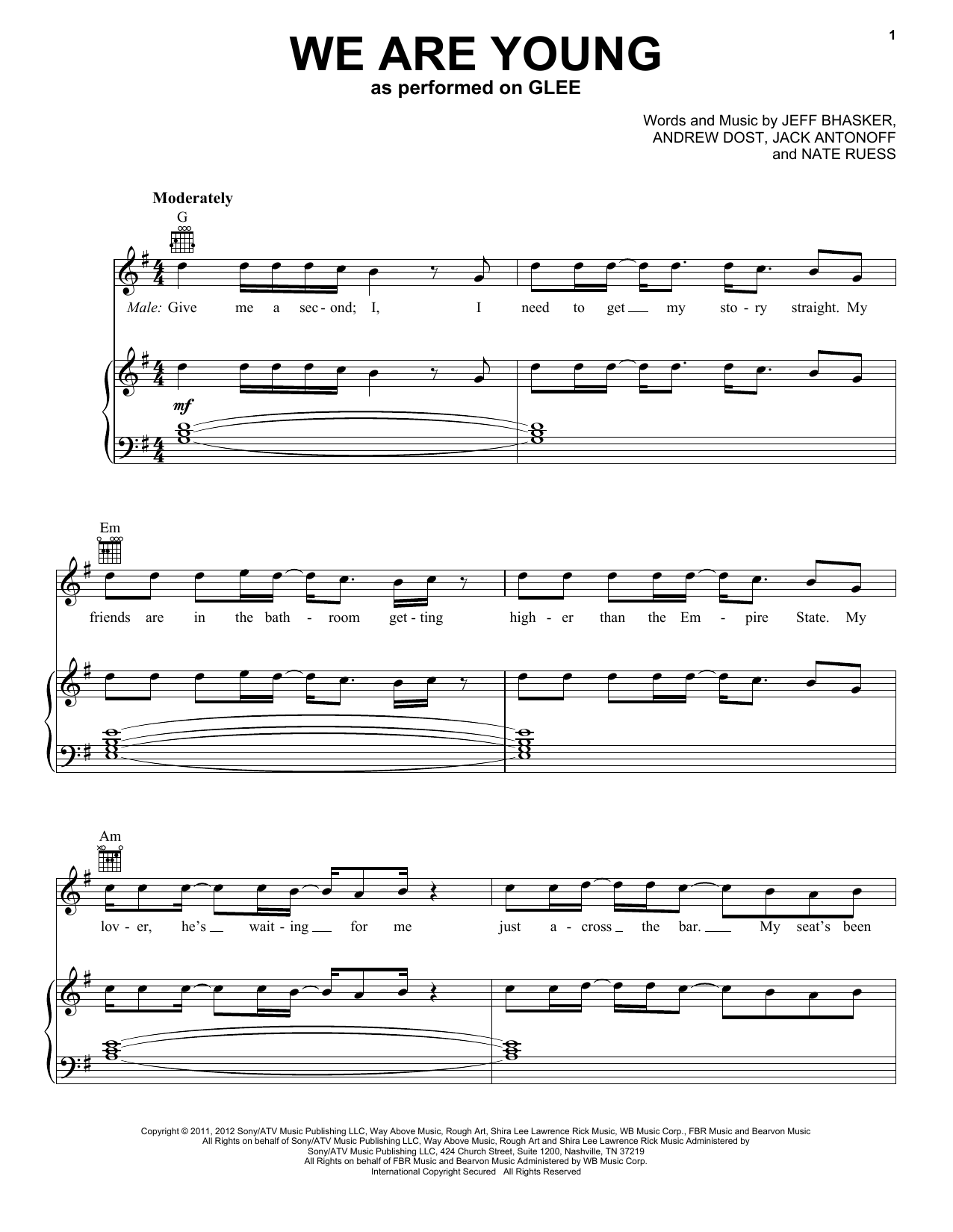 Glee Cast We Are Young sheet music notes and chords arranged for Piano, Vocal & Guitar Chords (Right-Hand Melody)