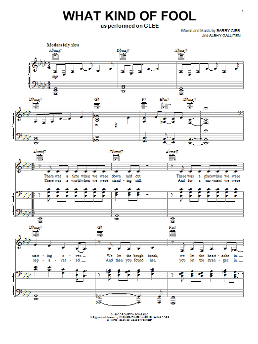 Learn to play Glee Cast What Kind Of Fool sheet music for Piano, Vocal & Guitar Chords (Right-Hand Melody) in minutes. Price: 7.8900$ Glee Cast What Kind Of Fool sheet music notes and chords arranged for Piano, Vocal & Guitar Chords (Right-Hand Melody)