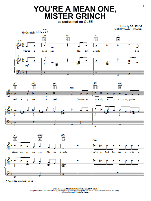 Glee Cast You're A Mean One, Mr. Grinch sheet music notes and chords. Download Printable PDF.