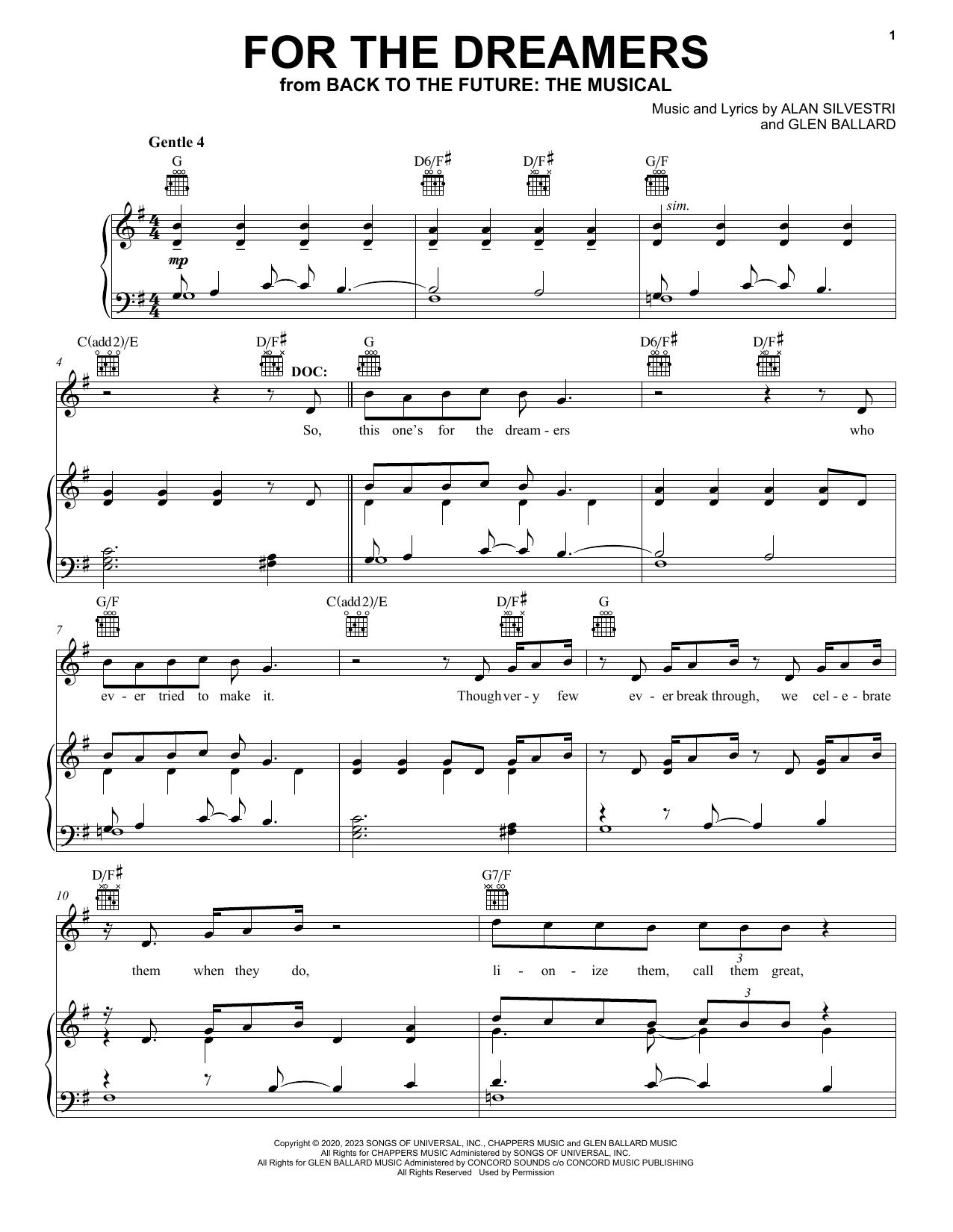 Glen Ballard and Alan Silvestri For The Dreamers (from Back To The Future: The Musical) sheet music notes and chords. Download Printable PDF.