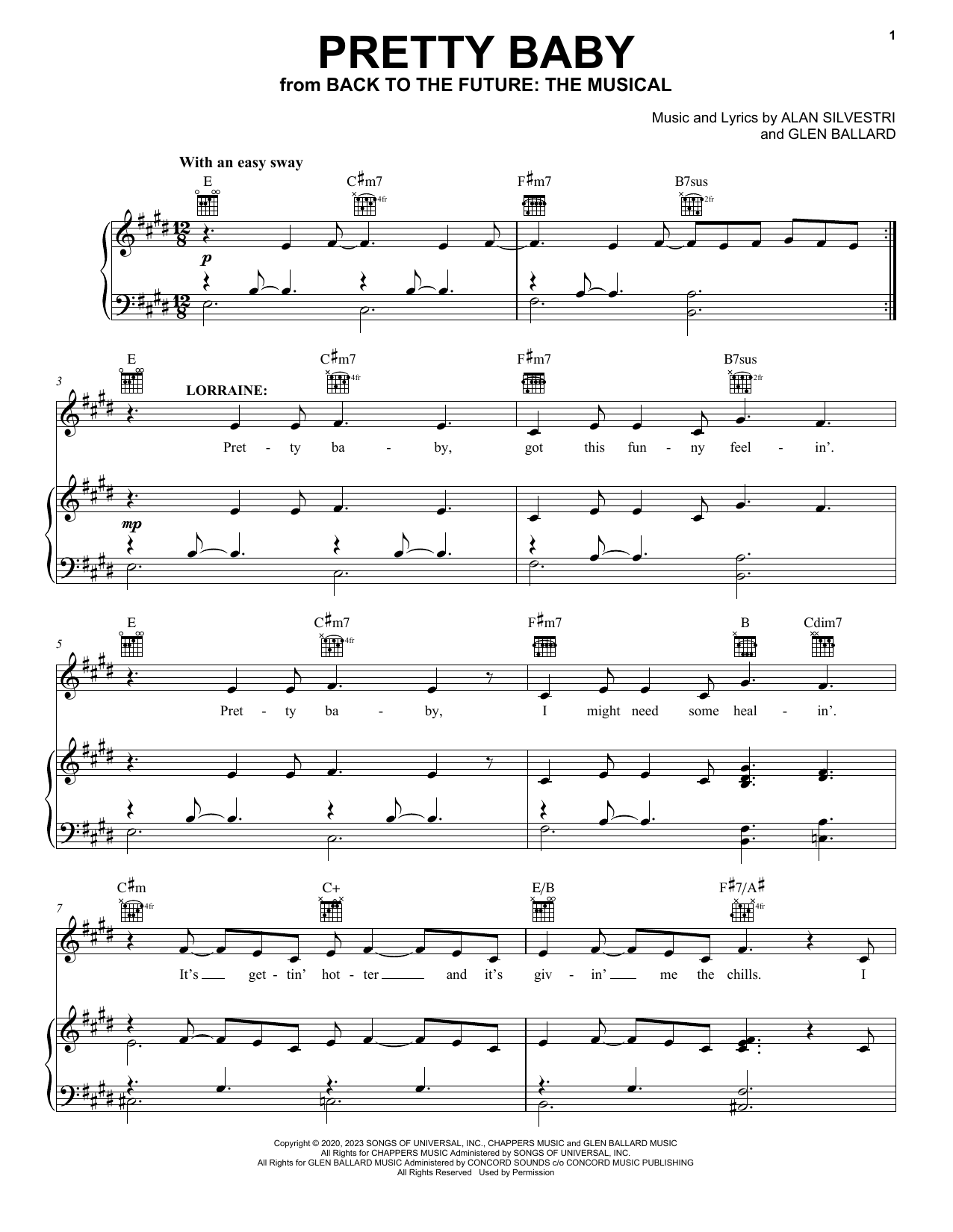 Glen Ballard and Alan Silvestri Pretty Baby (from Back To The Future: The Musical) sheet music notes and chords. Download Printable PDF.