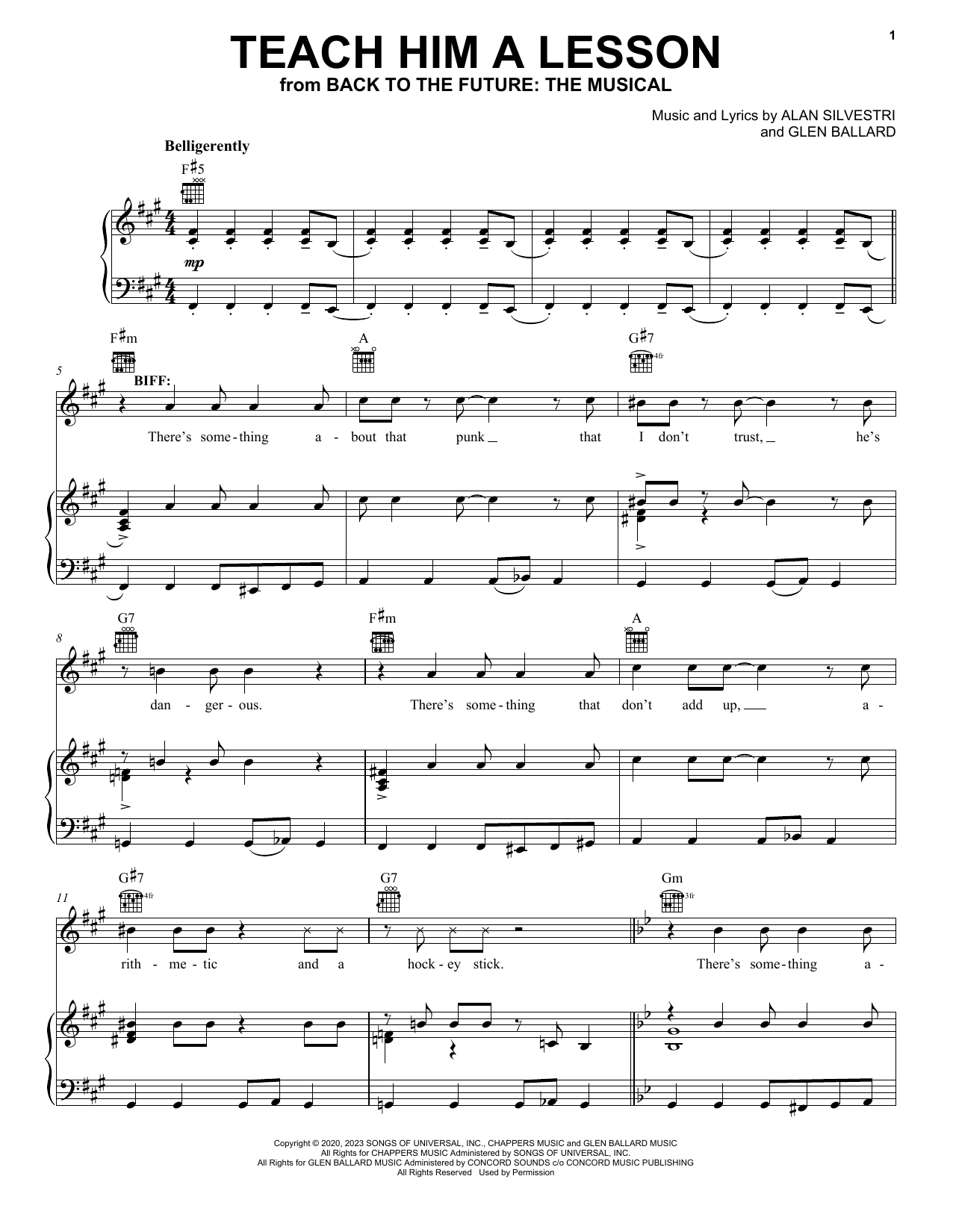 Glen Ballard and Alan Silvestri Teach Him A Lesson (from Back To The Future: The Musical) sheet music notes and chords. Download Printable PDF.