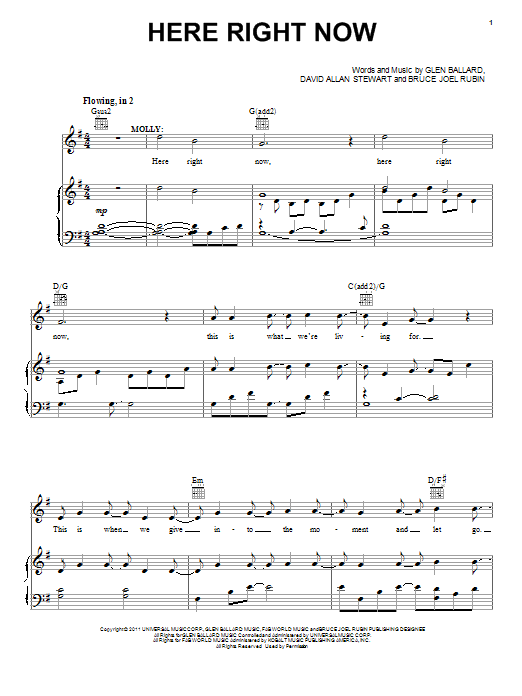 Glen Ballard Here Right Now sheet music notes and chords arranged for Piano, Vocal & Guitar Chords (Right-Hand Melody)