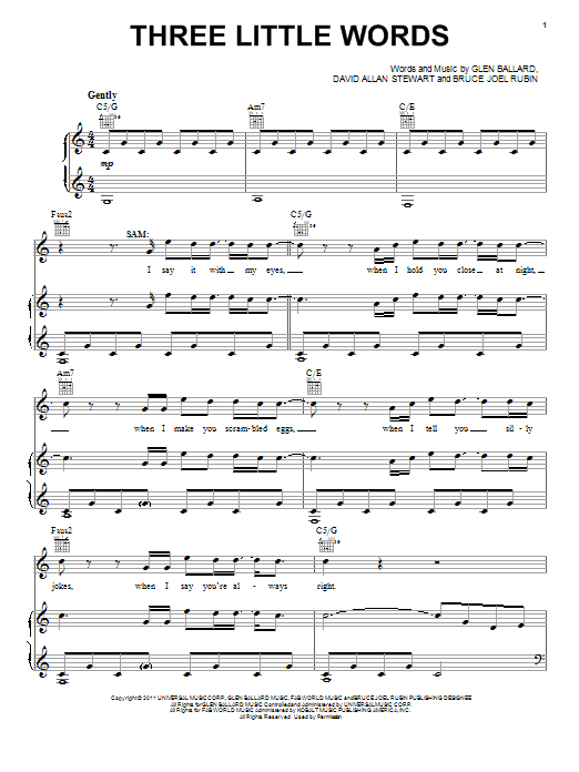 Learn to play Glen Ballard Three Little Words sheet music for Piano, Vocal & Guitar Chords (Right-Hand Melody) in minutes. Price: 7.8900$ Glen Ballard Three Little Words sheet music notes and chords arranged for Piano, Vocal & Guitar Chords (Right-Hand Melody)
