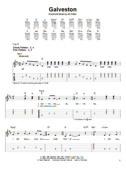 Glen Campbell Galveston sheet music notes and chords. Download Printable PDF.