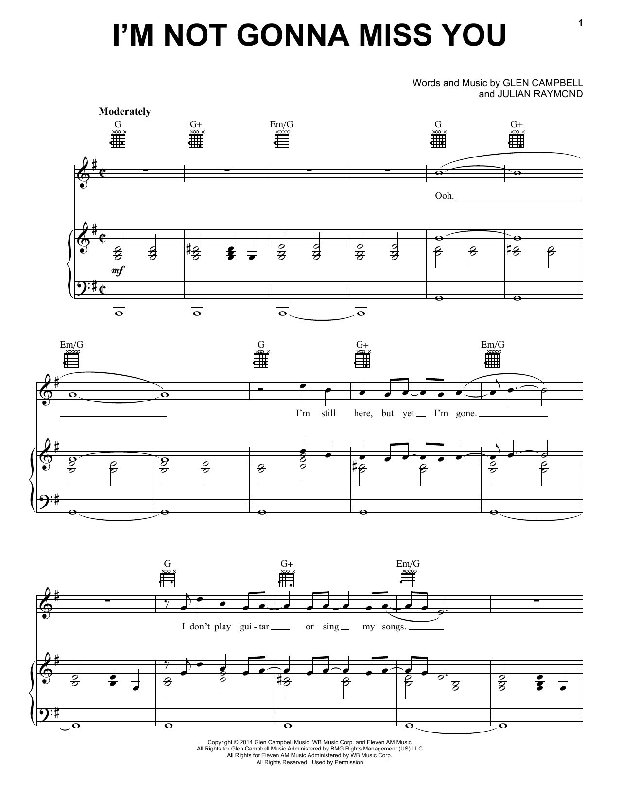 Learn to play Glen Campbell I'm Not Gonna Miss You sheet music for Piano, Vocal & Guitar Chords (Right-Hand Melody) in minutes. Price: 7.8900$ Glen Campbell I'm Not Gonna Miss You sheet music notes and chords arranged for Piano, Vocal & Guitar Chords (Right-Hand Melody)
