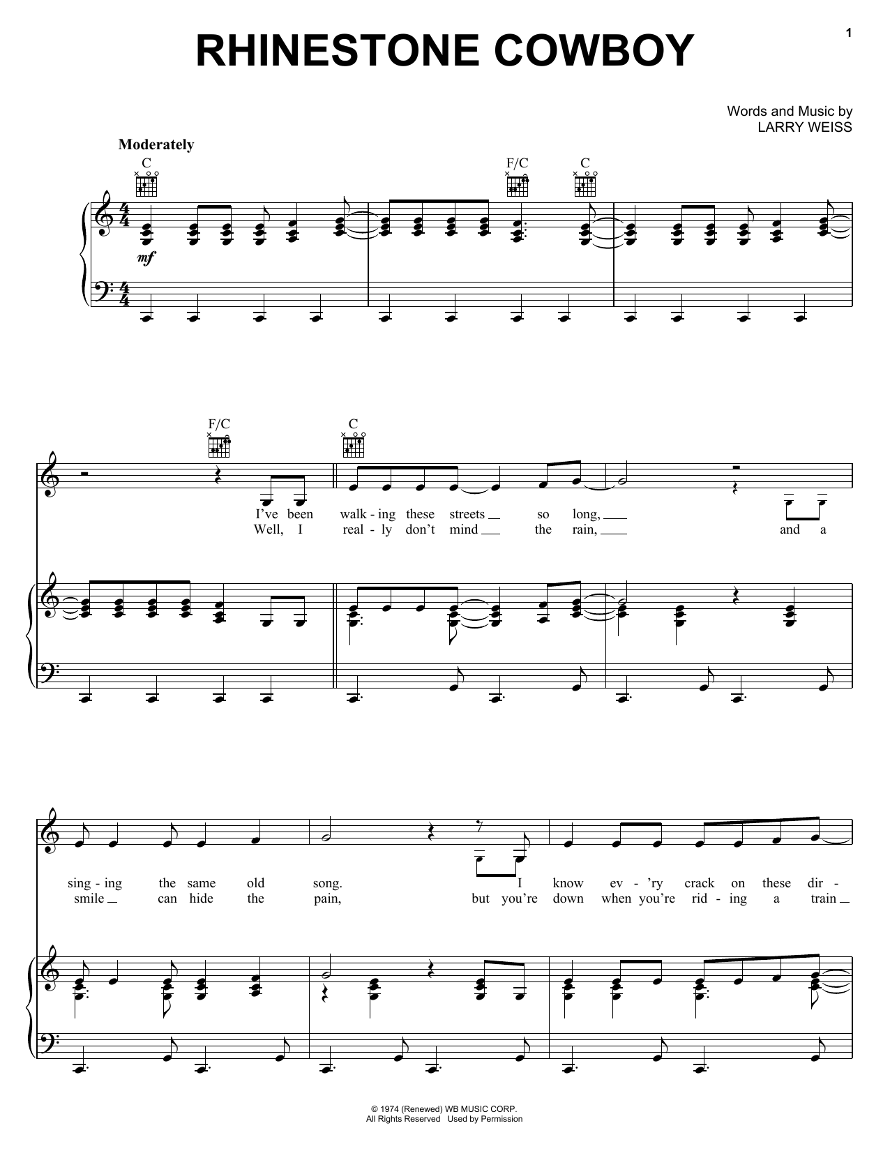 Glen Campbell Rhinestone Cowboy sheet music notes and chords. Download Printable PDF.