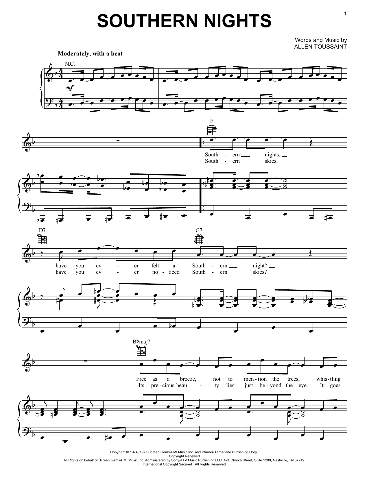 Glen Campbell Southern Nights sheet music notes and chords. Download Printable PDF.