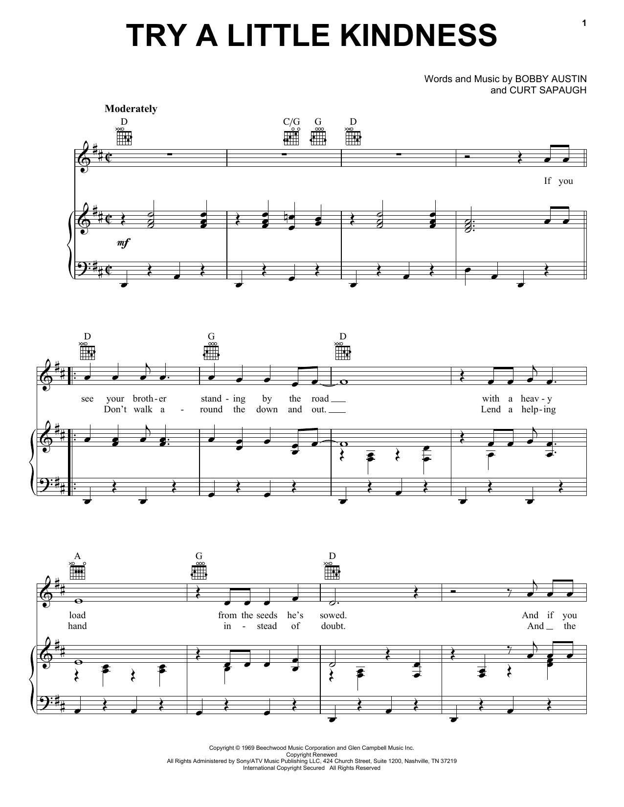 Glen Campbell Try A Little Kindness sheet music notes and chords. Download Printable PDF.