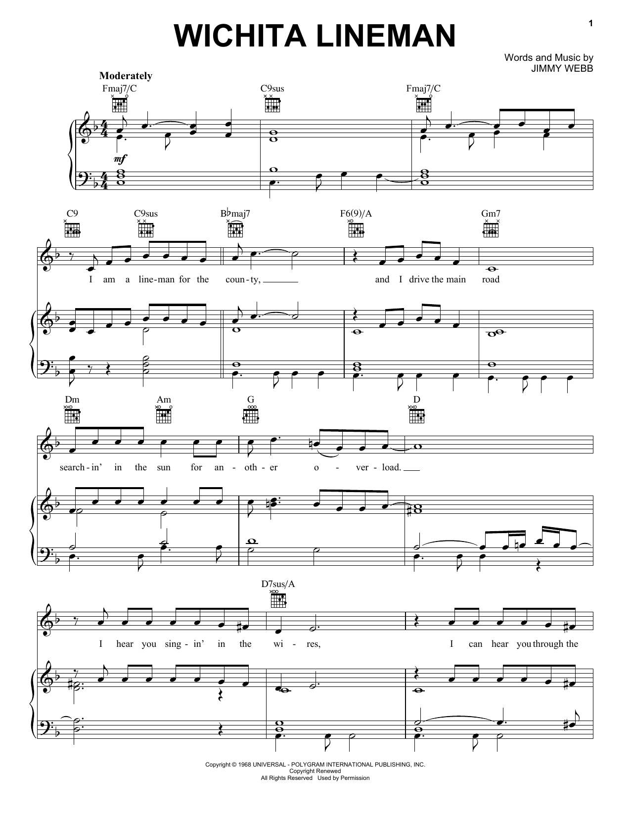 Glen Campbell Wichita Lineman sheet music notes and chords. Download Printable PDF.