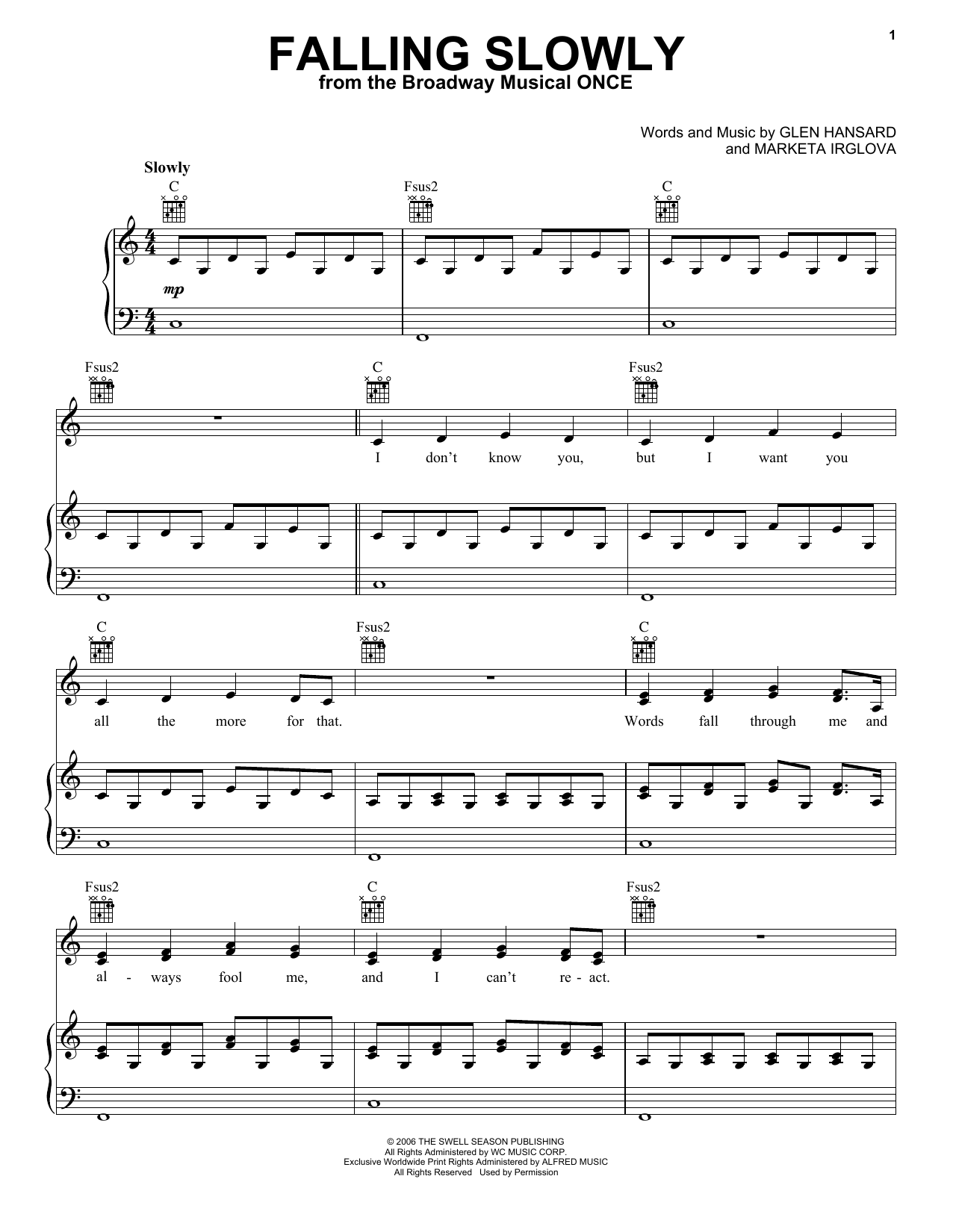 Glen Hansard Falling Slowly sheet music notes and chords. Download Printable PDF.