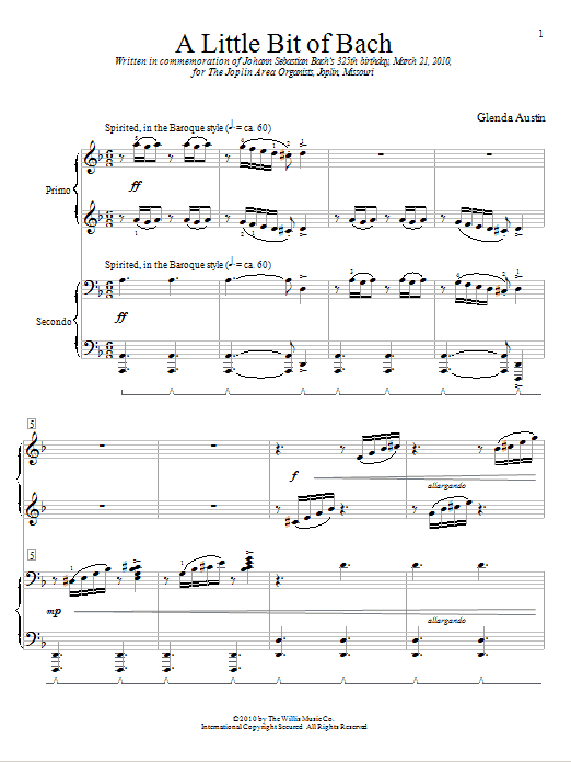 Learn to play Glenda Austin A Little Bit Of Bach sheet music for Piano Duet in minutes. Price: 7.8900$ Glenda Austin A Little Bit Of Bach sheet music notes and chords arranged for Piano Duet