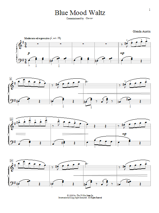 Learn to play Glenda Austin Blue Mood Waltz sheet music for Educational Piano in minutes. Price: 6.9900$ Glenda Austin Blue Mood Waltz sheet music notes and chords arranged for Educational Piano