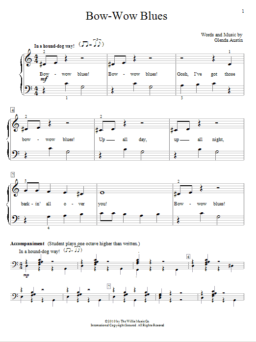 Learn to play Glenda Austin Bow-Wow Blues sheet music for Educational Piano in minutes. Price: 6.9900$ Glenda Austin Bow-Wow Blues sheet music notes and chords arranged for Educational Piano