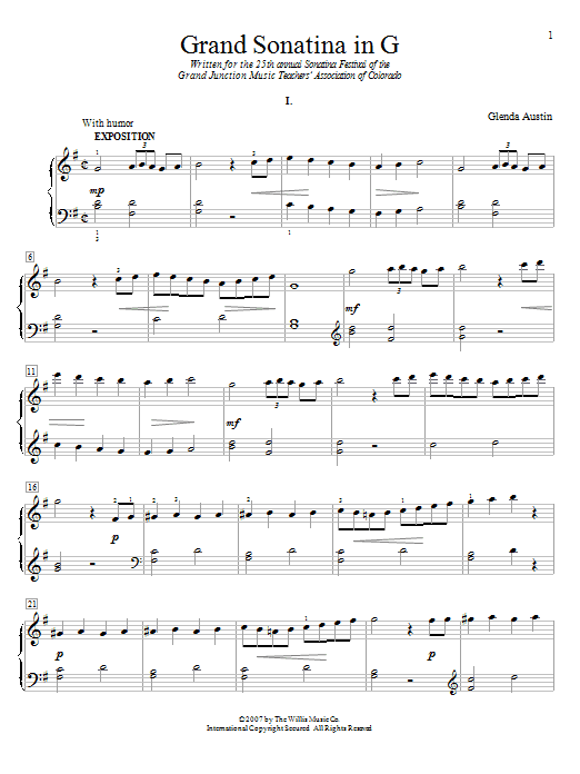 Learn to play Glenda Austin Grand Sonatina In G sheet music for Educational Piano in minutes. Price: 6.9900$ Glenda Austin Grand Sonatina In G sheet music notes and chords arranged for Educational Piano
