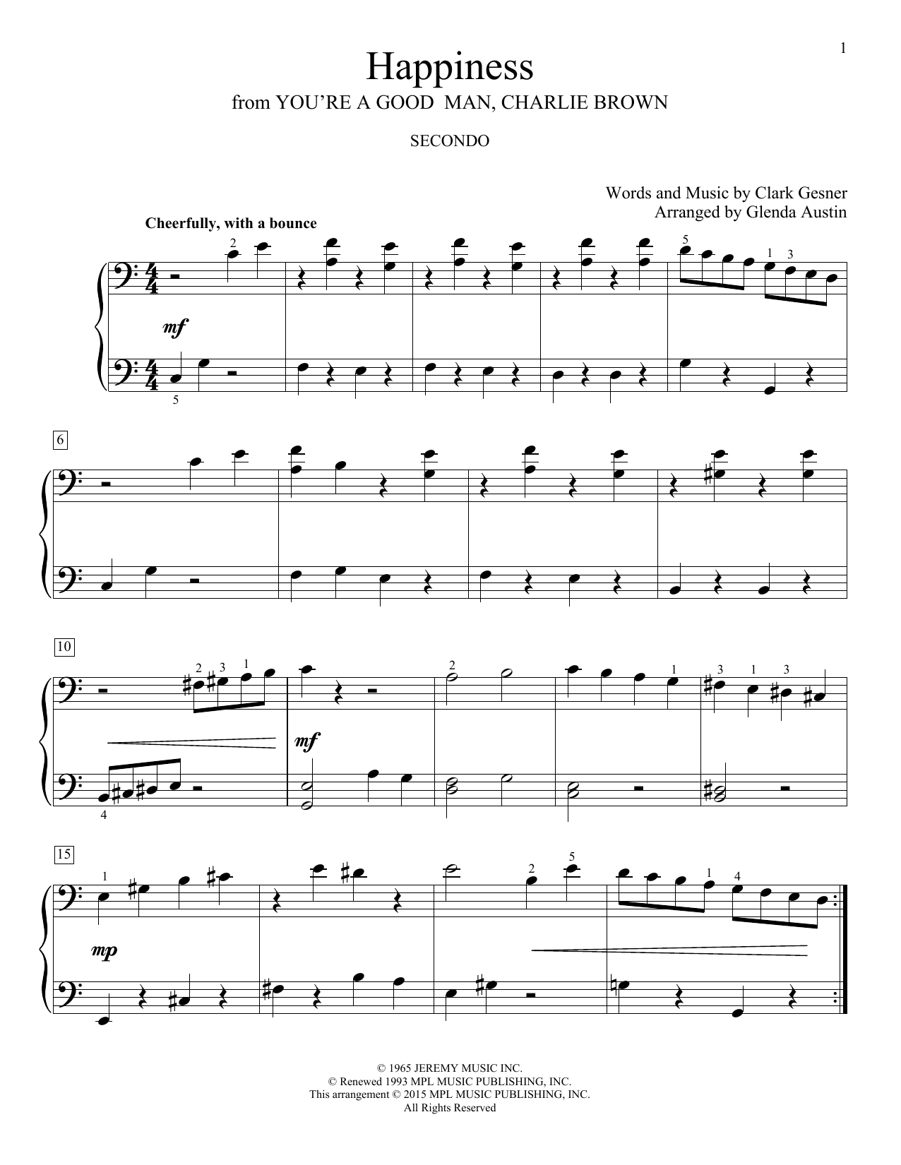 Learn to play Glenda Austin Happiness sheet music for Piano Duet in minutes. Price: 7.8900$ Glenda Austin Happiness sheet music notes and chords arranged for Piano Duet