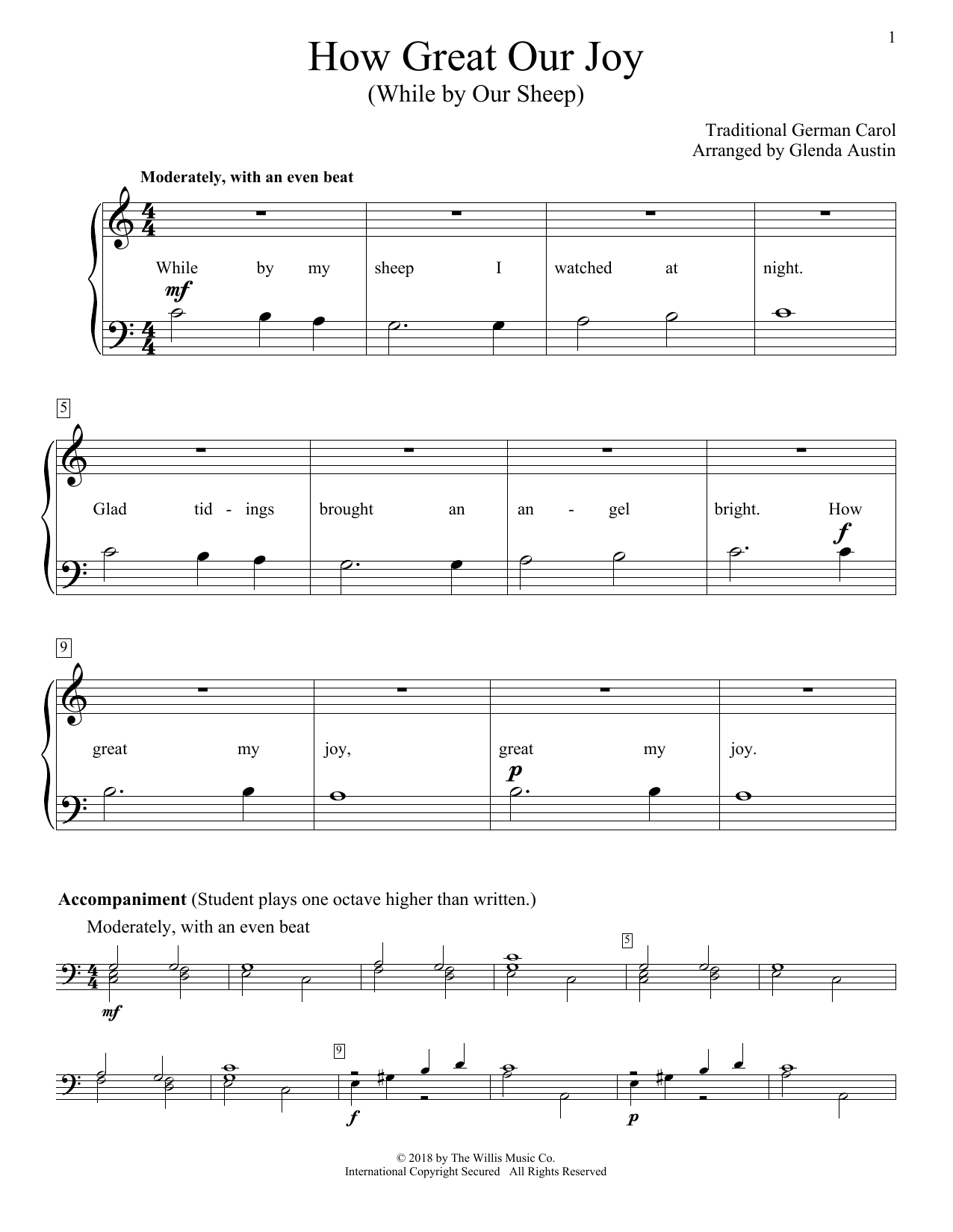 Learn to play Glenda Austin How Great Our Joy (While By Our Sheep) sheet music for Educational Piano in minutes. Price: 6.9900$ Glenda Austin How Great Our Joy (While By Our Sheep) sheet music notes and chords arranged for Educational Piano