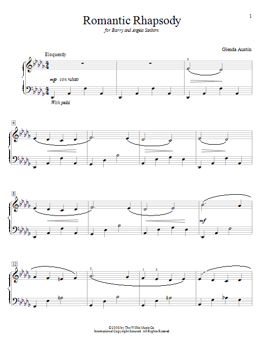 Learn to play Glenda Austin Romantic Rhapsody sheet music for Educational Piano in minutes. Price: 6.9900$ Glenda Austin Romantic Rhapsody sheet music notes and chords arranged for Educational Piano