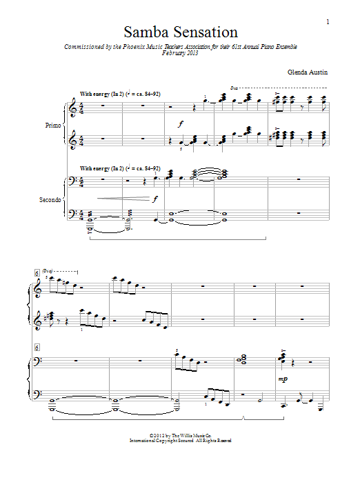 Learn to play Glenda Austin Samba Sensation sheet music for Piano Duet in minutes. Price: 7.8900$ Glenda Austin Samba Sensation sheet music notes and chords arranged for Piano Duet
